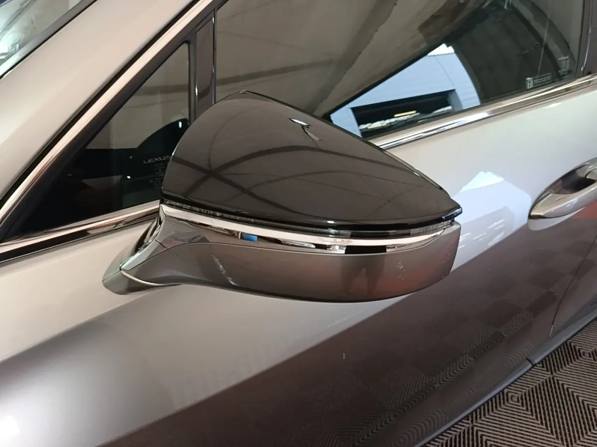 Rétroviseur côté gauche noir et gris clair du Lexus UX 250H 2WD Pack Business 2023 avec finition chromée.