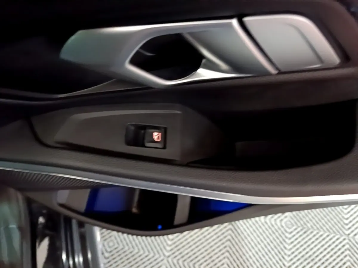 Détail de la poignée intérieure côté gauche d'une BMW Série 3 318i noire avec bouton de verrouillage des vitres.