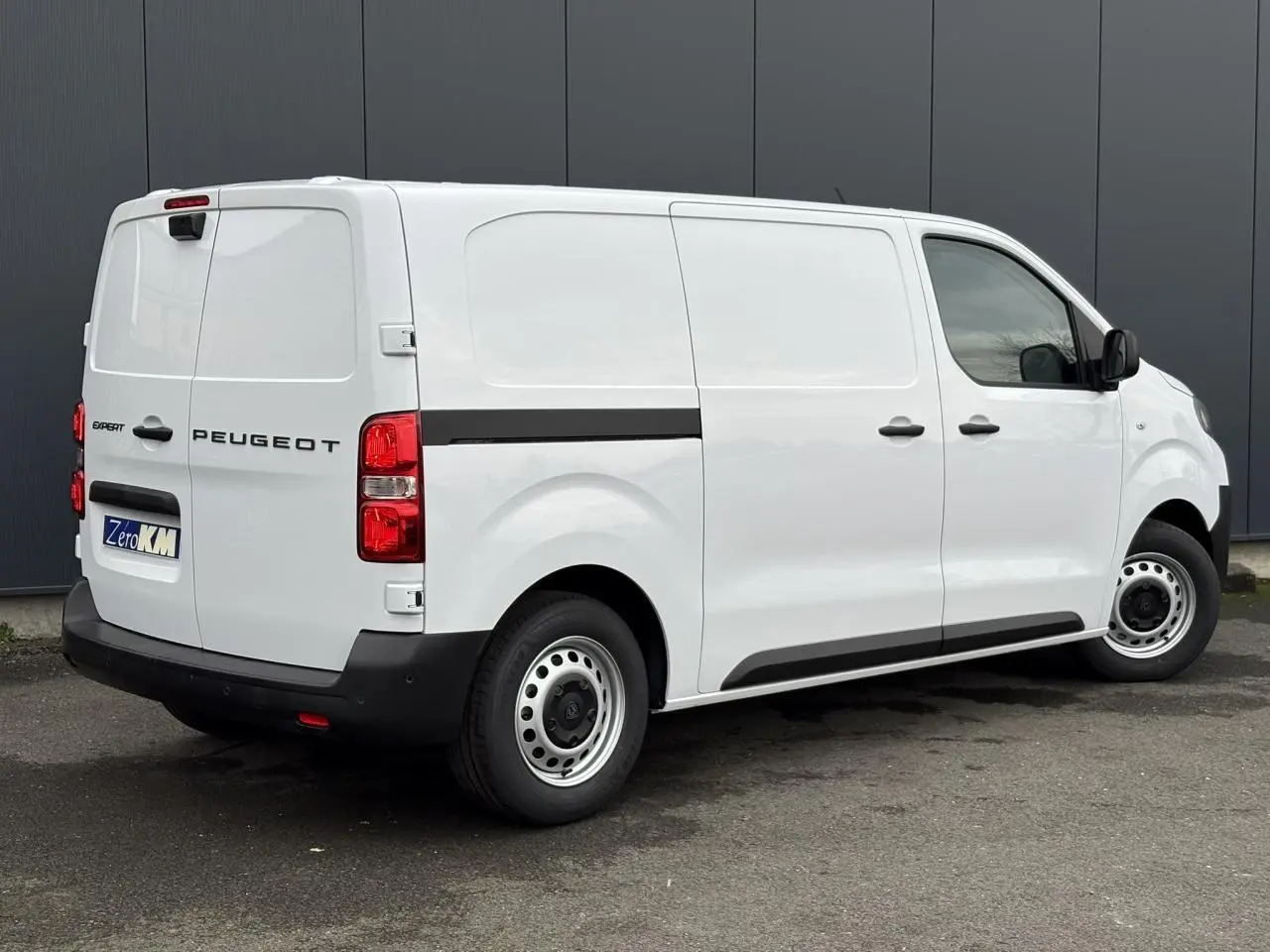 Vue 3/4 arrière droite du Peugeot Expert Fourgon blanc Icy avec portes tôlées et jantes tôles grises.