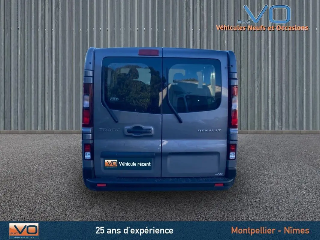 Vue arrière du Renault Trafic Fourgon gris clair 2019 avec portes battantes et vitres surteintées