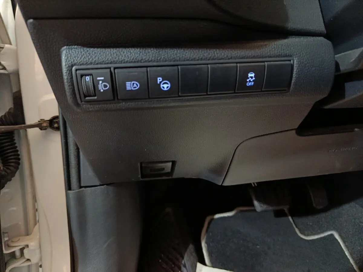 Vue intérieure côté gauche de la planche de bord noire avec commandes d'assistance et partie de la portière blanche ouverte.