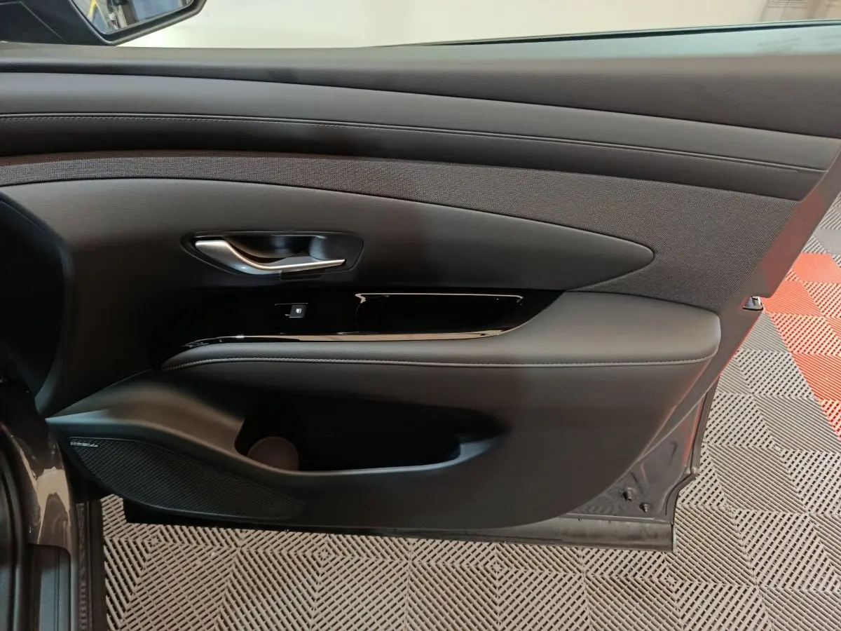 Vue intérieure de la porte côté gauche du Hyundai Tucson gris foncé, avec poignée argentée et garniture noire.