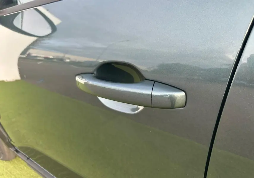 Poignée de porte avant droite de Dacia Sandero III Stepway 2025 en Vert Cèdre avec reflet métallique.