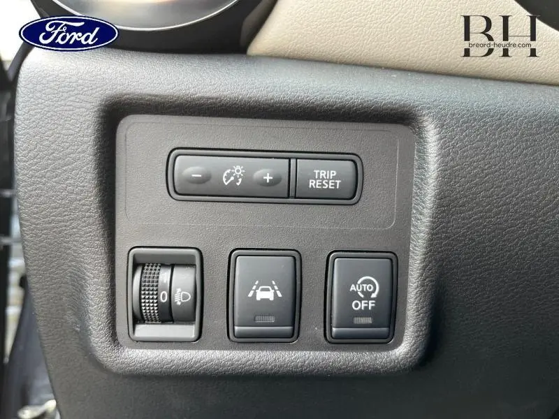 Gros plan sur les commandes d'assistance et réglage d'éclairage dans un intérieur gris foncé d'une Nissan Micra gris acier 2022