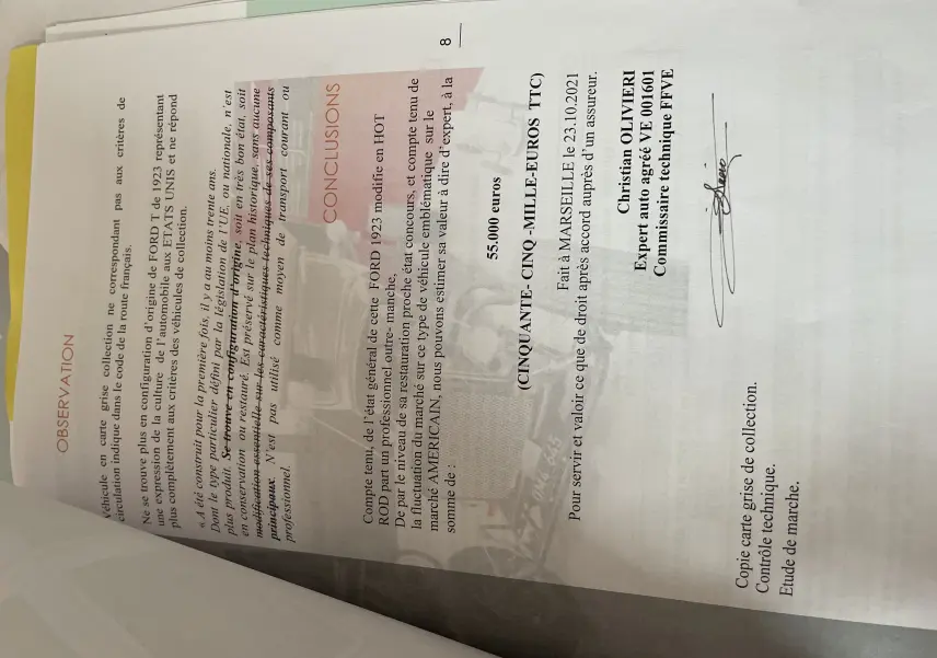 Document d'expertise présentant un Ford T Hot Rod V8 noir de 1923 avec détails techniques et valeur estimée.