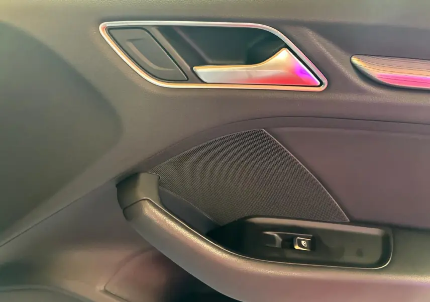 Gros plan sur la poignée de porte intérieure côté gauche de l’Audi A3 Sportback 2019 avec finition cuir noir.