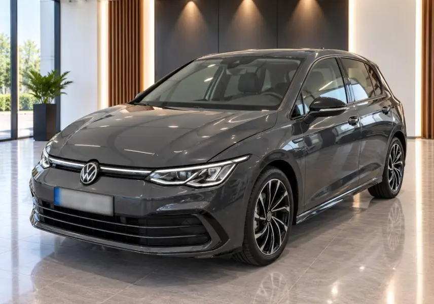 Volkswagen Golf 2024 gris Urano vue 3/4 avant avec jantes alliage 17'' Ventura et calandre R-Line noire.