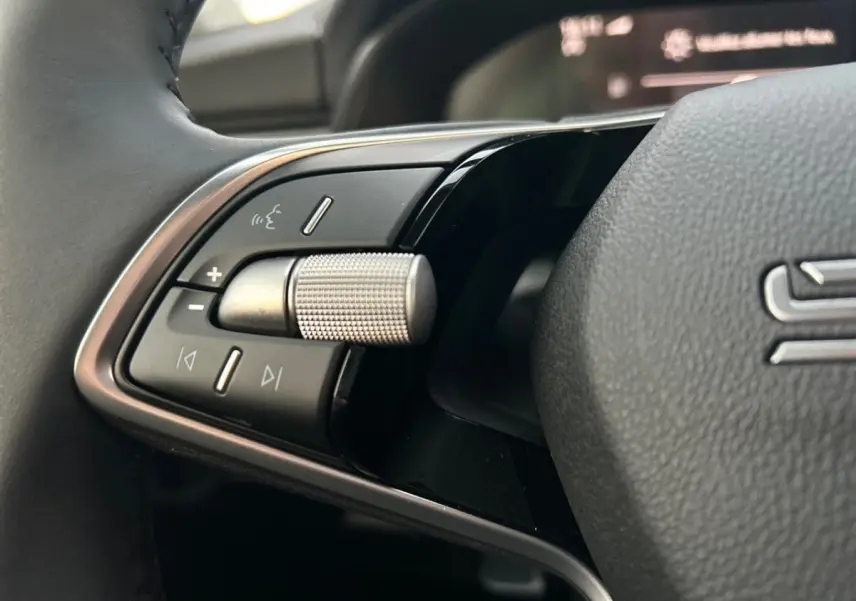 Gros plan sur la commande multifonctions gauche du volant cuir noir du Skoda Kamiq gris clair 2025.