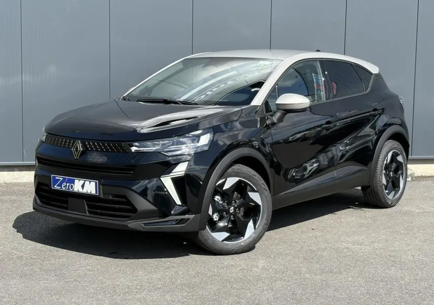 Renault Captur 2025 bicarburation noir étoile vue 3/4 avant droit avec toit grège perle et jantes noires.