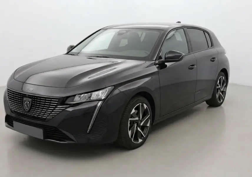 Peugeot 308 Hybrid 136 Allure noire vue en 3/4 avant droit, avec jantes alliage et feux LED distinctifs.