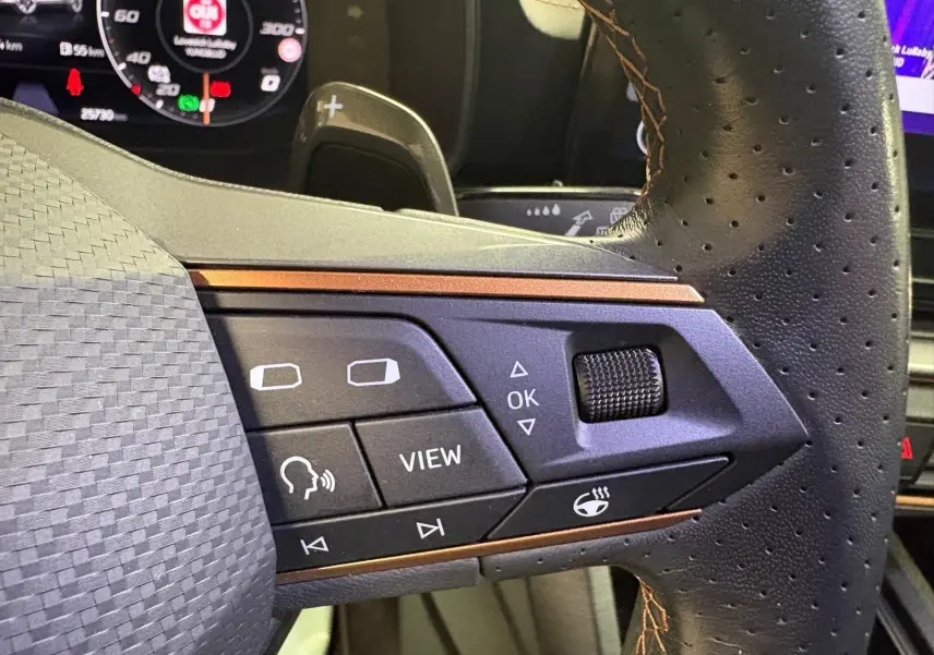 Gros plan sur les commandes du volant côté gauche du CUPRA Formentor gris magnétique, avec boutons multifonctions et molette.