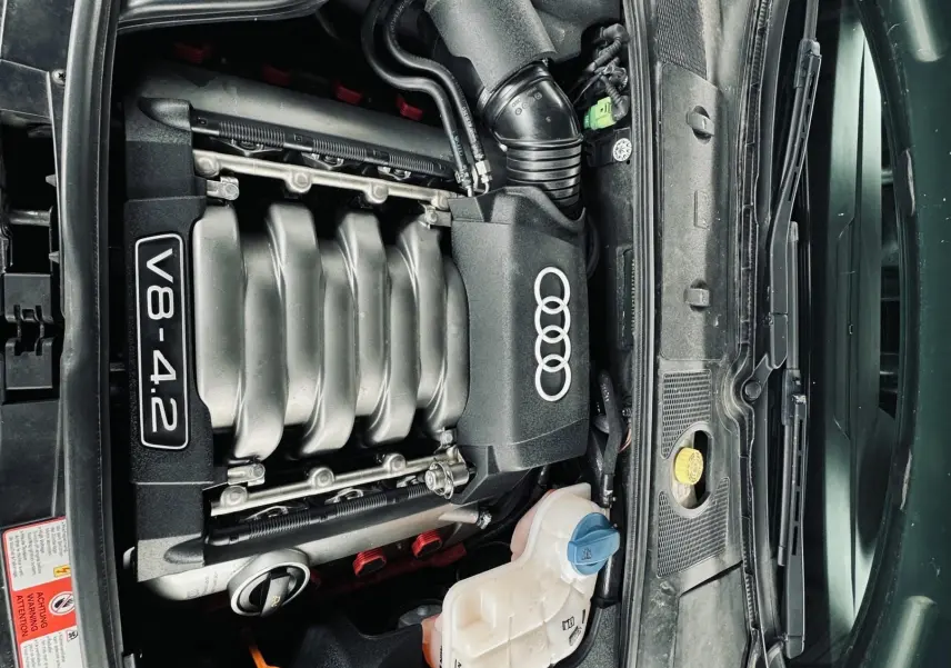 Vue plongeante sur le moteur V8 4.2L d'une Audi S4 Avant verte, avec capot ouvert et détails mécaniques visibles.