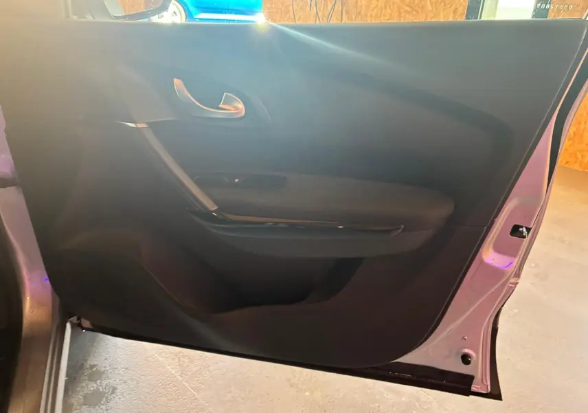 Vue intérieure de la porte avant gauche du Renault Kadjar gris, avec poignée argentée et garniture noire.