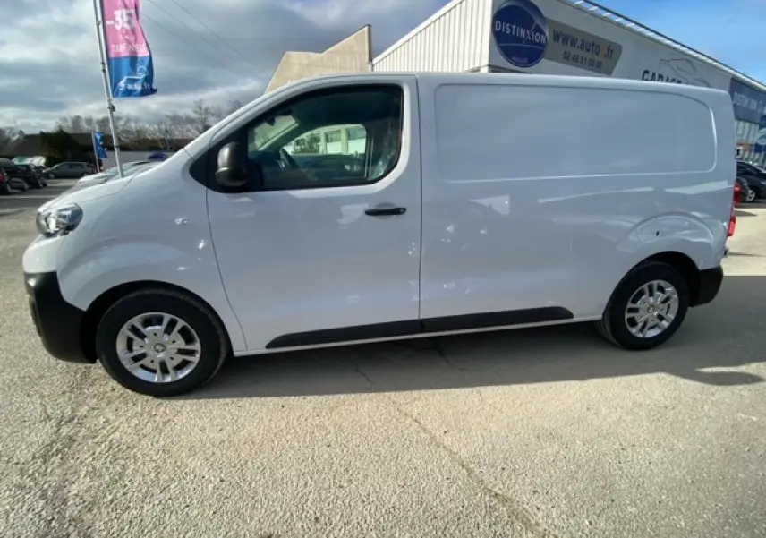 Profil droit du Peugeot Expert Fourgon blanc banquise 2023 avec portes battantes et roues tôles grises.