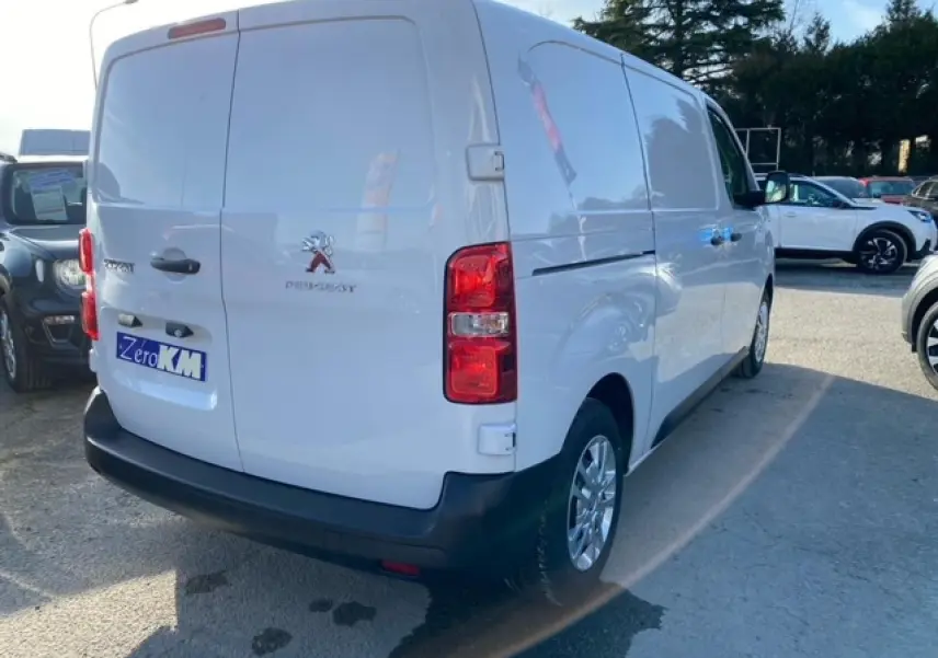 Vue 3/4 arrière droite d'un Peugeot Expert Fourgon blanc banquise avec portes battantes et feux rouges visibles.