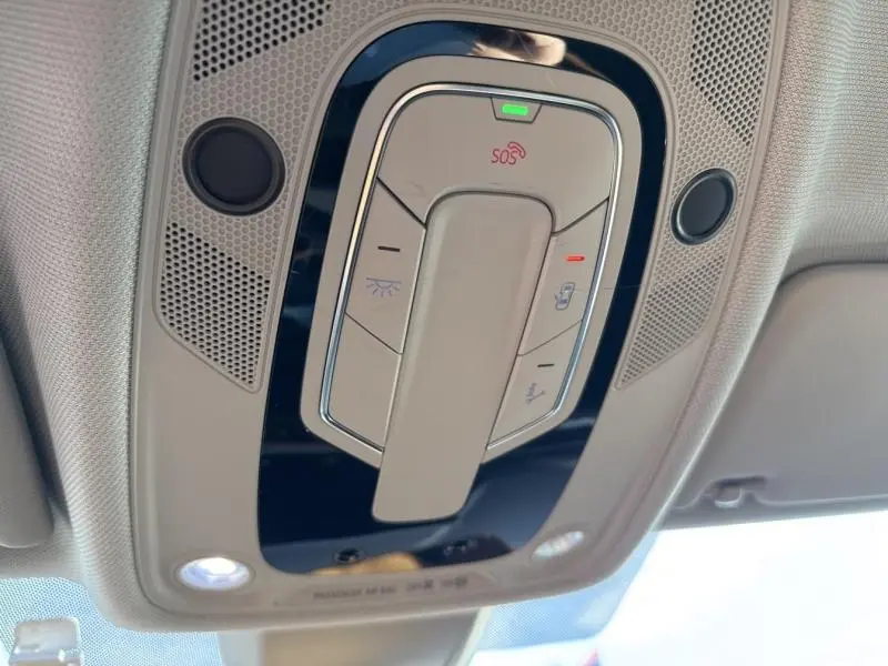 Vue en gros plan du panneau de commandes au plafond intérieur de l'Audi A4 Avant 30 TDI noir brillant, avec éclairage et bouton SOS.