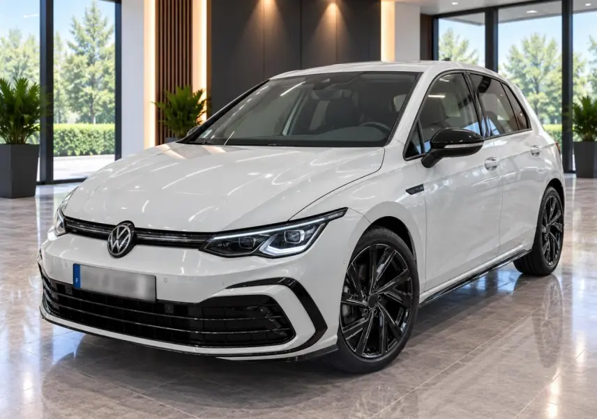 Volkswagen Golf 1.5 eTSI blanche vue 3/4 avant avec jantes noires Bergamo 18 pouces en intérieur showroom.