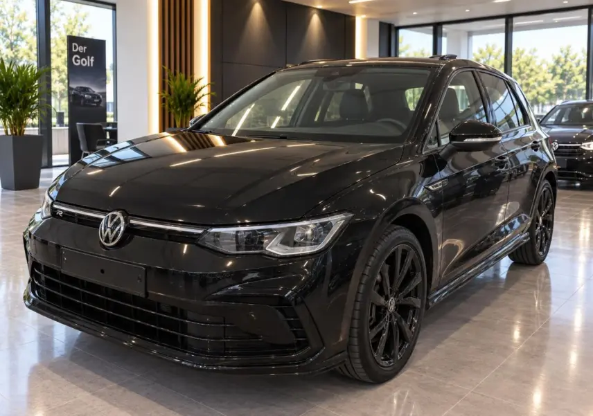 Volkswagen Golf VIII R-Line Black 2024 noir métal, vue 3/4 avant avec jantes alliage noir Bergamo 18 pouces.
