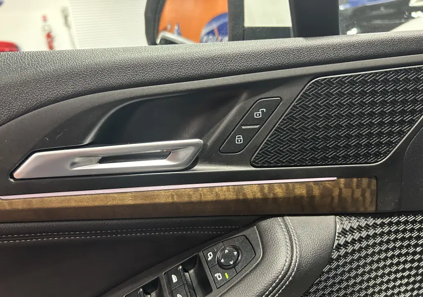 Gros plan sur la porte intérieure côté conducteur de la BMW Série 2 Active Tourer 218i, avec insert bois et commandes noires.