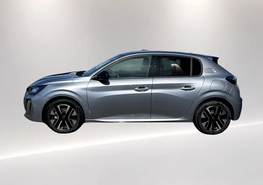 Profil droit de la Peugeot 208 1.2 100 Allure gris Artense avec jantes alliage noires et vitres teintées.