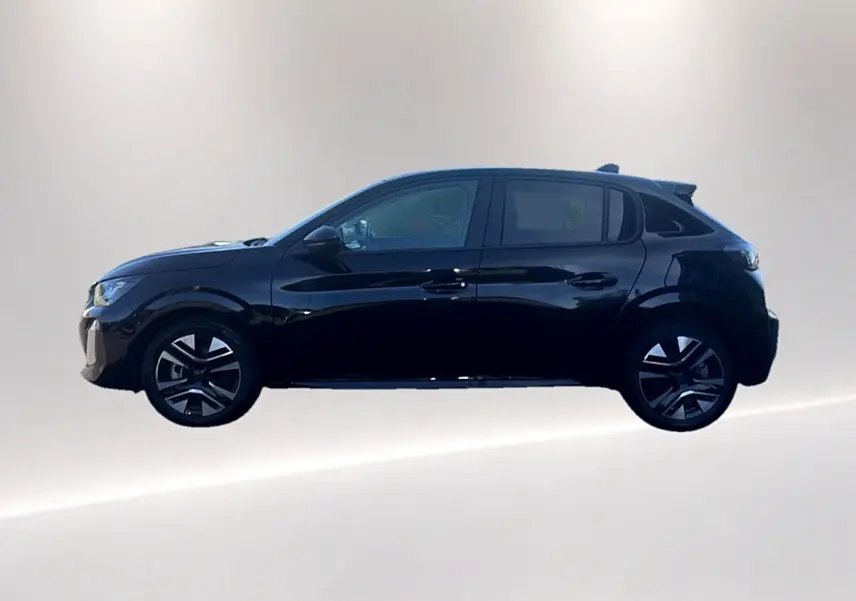 Peugeot 208 1.2 100 Allure noir vue de profil côté gauche, avec jantes alliage et vitres teintées.