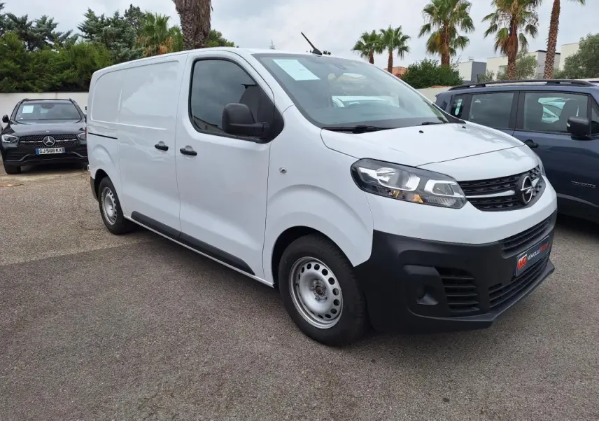 Opel Vivaro blanc vu en 3/4 avant droit, fourgon utilitaire avec porte latérale et pare-chocs noirs.