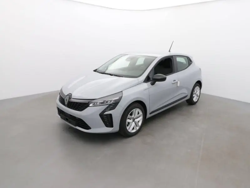 Renault Clio 2025 gris schiste vue 3/4 avant droit avec phares LED et jantes alliage simples