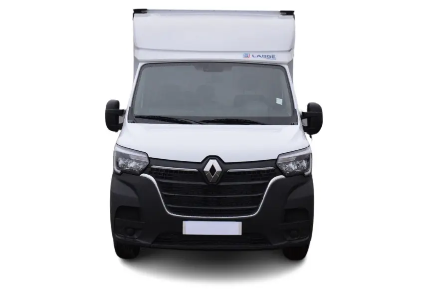 Vue avant frontale du Renault Master Plancher Cabine blanc avec calandre noire et logo Renault visible.