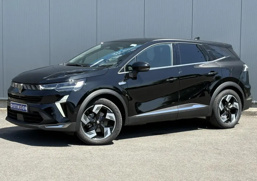 Renault Symbioz E-Tech Full Hybrid noir étoile en 3/4 avant droit, jantes 18 pouces et vitres surteintées.