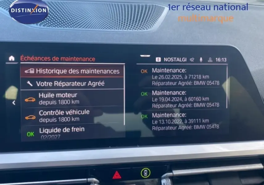 Écran central de la BMW Série 3 G20 318d noir, affichant le menu d’échéances de maintenance intérieur.