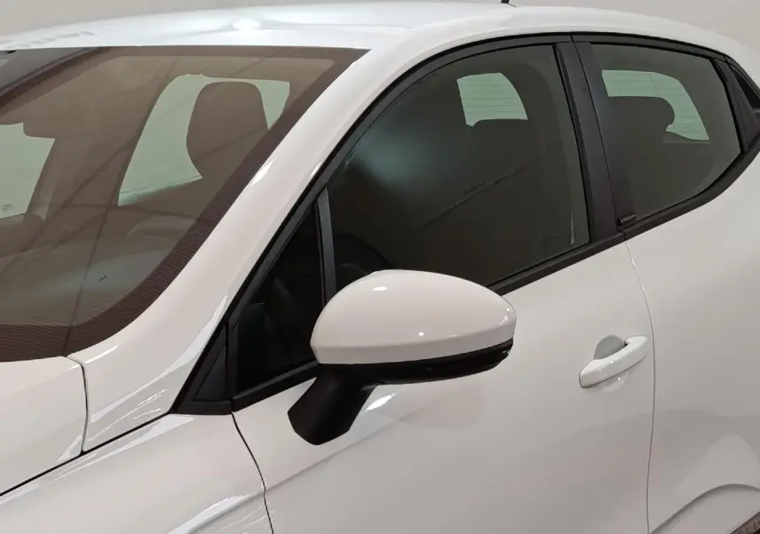 Vue rapprochée du côté gauche d'une Renault Clio Business E-TECH 140 blanche, mettant en valeur la portière et le rétroviseur.