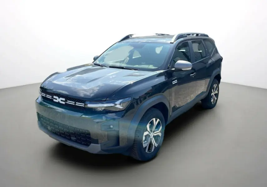 SUV Dacia Bigster noir perle vu en 3/4 avant droit, avec barres de toit et jantes alliage distinctives.