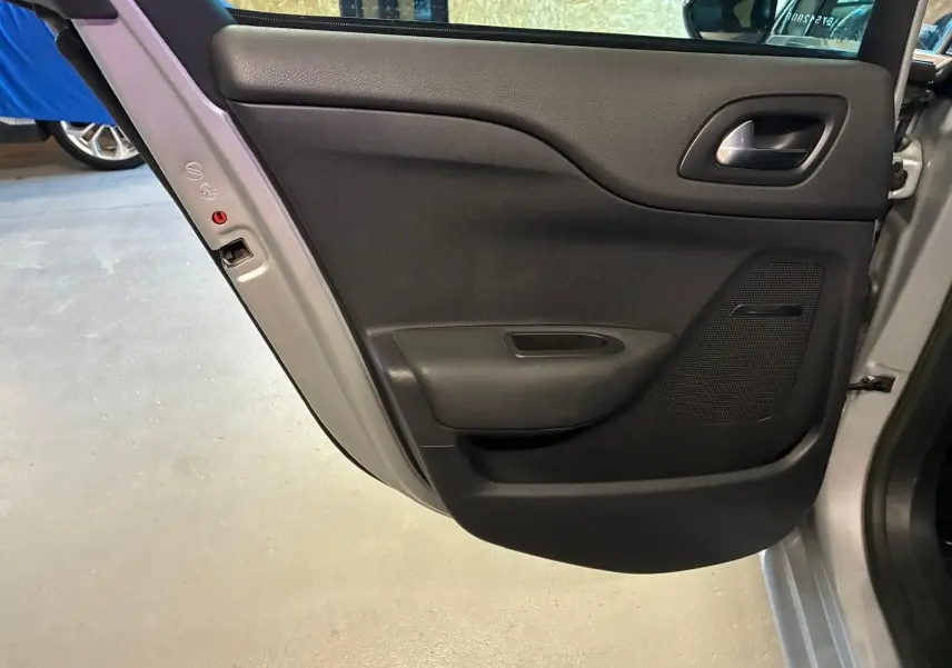 Vue rapprochée de la porte arrière gauche intérieure d'une DS4 gris 2014 avec garniture noire et poignée intégrée.