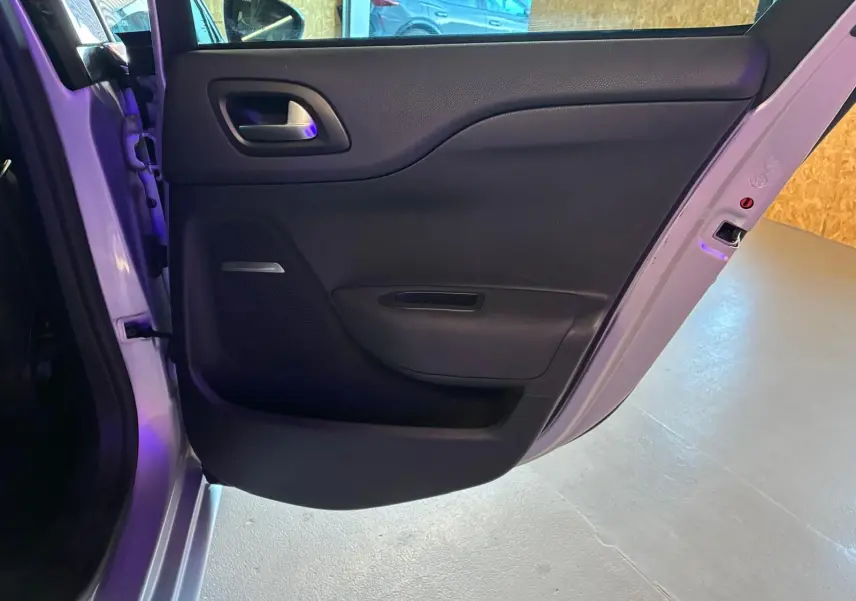 Vue intérieure de la porte arrière gauche ouverte d'une DS4 gris 2014, avec habillage noir et poignée argentée.