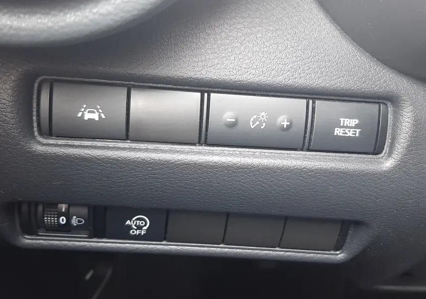 Gros plan sur les boutons de commande noirs du tableau de bord du Nissan Juke gris, avec régulateur de vitesse et reset compteur.