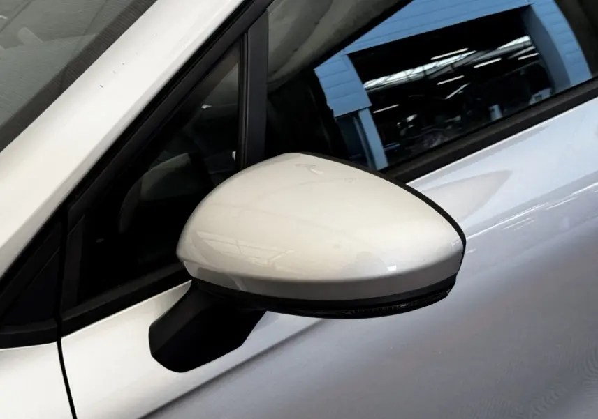 Rétroviseur droit gris clair de Renault Clio Business TCe 90 2020, avec porte et vitre partiellement visibles.