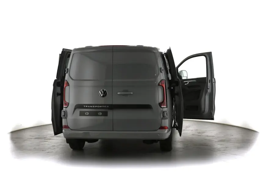 Vue arrière du Volkswagen Transporter gris Stone 2025 avec portes arrière et porte passager avant ouvertes.