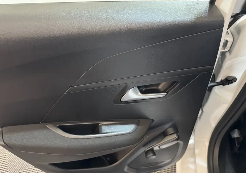 Vue rapprochée de la porte arrière droite noire d'une Peugeot 208 Electrique Active Business 2020, avec poignée argentée.