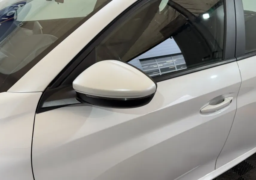 Détail du rétroviseur côté gauche et porte avant blanche d'une Peugeot 208 électrique Active Business 2020.