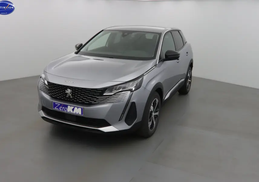 Peugeot 3008 gris Artense métal vue 3/4 avant droit, avec calandre noire et feux LED distinctifs.