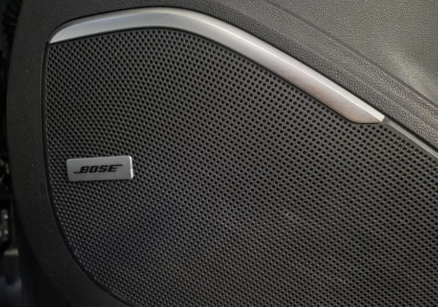 Gros plan sur l'enceinte Bose intégrée à la porte intérieure d'une Renault Scenic IV Initiale Paris noire.