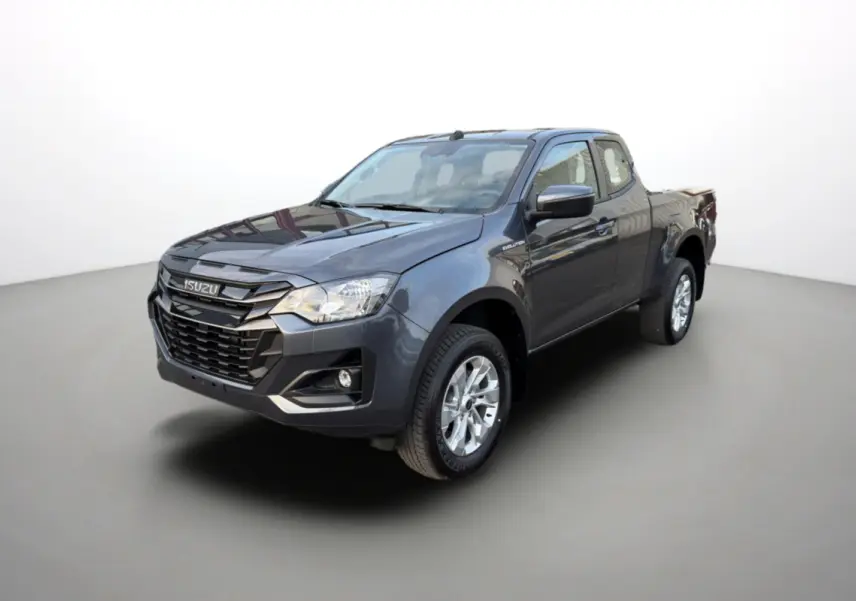 Isuzu D-MAX 2.2 TD 164 Space Evolution gris obsidienne, vue 3/4 avant droit sur fond neutre.
