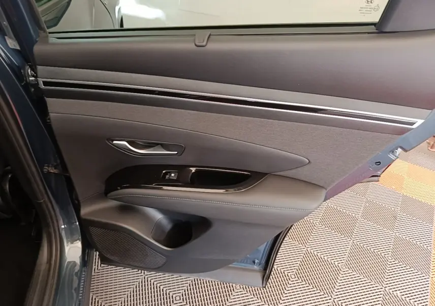 Vue intérieure de la porte arrière gauche bleu foncé du Hyundai Tucson 2021 avec garniture noire et commandes de fenêtre.