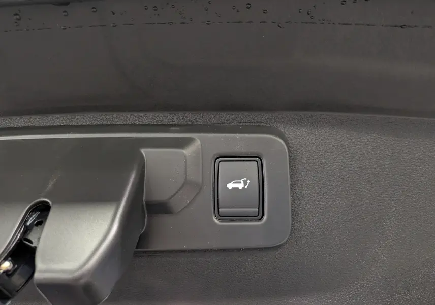 Bouton d'ouverture électrique du hayon sur la garniture intérieure d'un Renault Rafale gris Schiste.