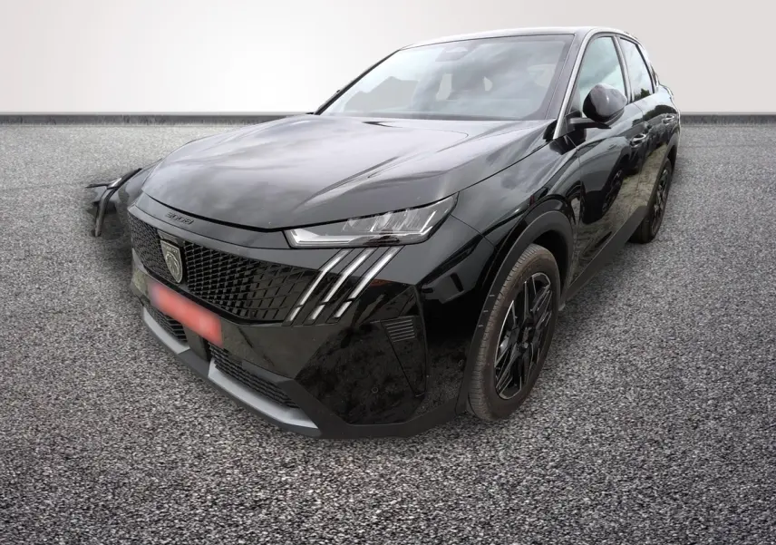 Peugeot 3008 noir vue 3/4 avant droit, avec calandre distinctive et phares LED fins sur sol gris.