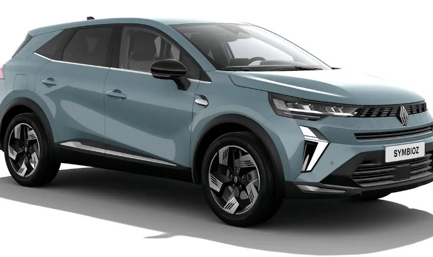 Renault Symbioz bleu mercure en 3/4 avant droit, SUV compact avec phares LED et jantes bi-ton modernes.