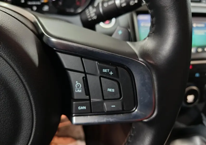 Gros plan sur le côté gauche du volant cuir noir du Jaguar E-PACE 2019, avec commandes de régulateur de vitesse.