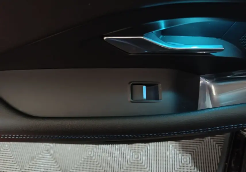 Détail de la poignée intérieure et commande de vitre côté gauche du Jaguar E-PACE noir, version 2019.