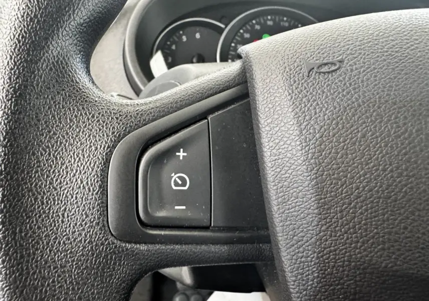 Gros plan sur le volant noir du Renault Kangoo 2016 avec commandes du régulateur de vitesse visibles.