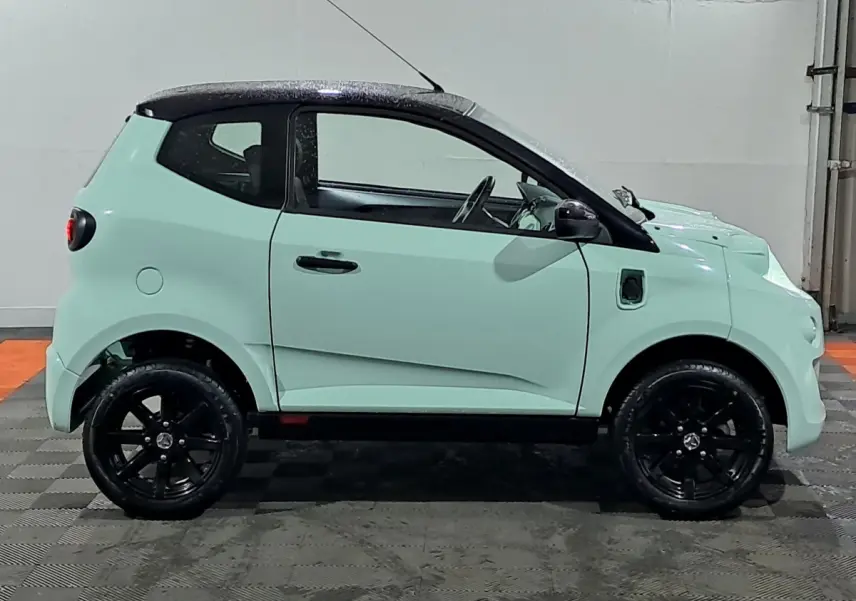 Vue de profil côté gauche de l'AIXAM MINAUTO E chic 2026 électrique vert avec toit noir et jantes noires.